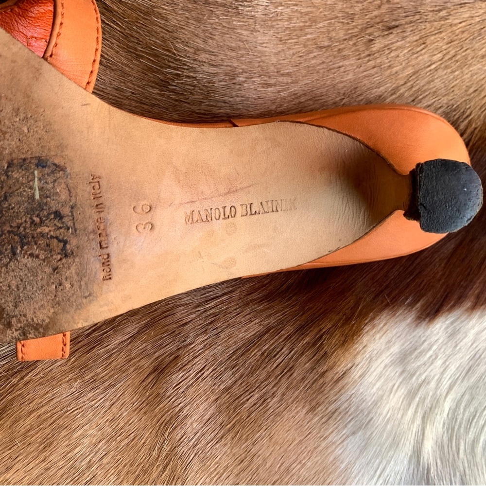 MANOLO BLAHNIK strap leather kitten heels mules orange brown size 36 - Picture 7 of 12